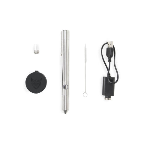 Linx Ares wax vaporizer with cleaning brush, charger, battery, and coil